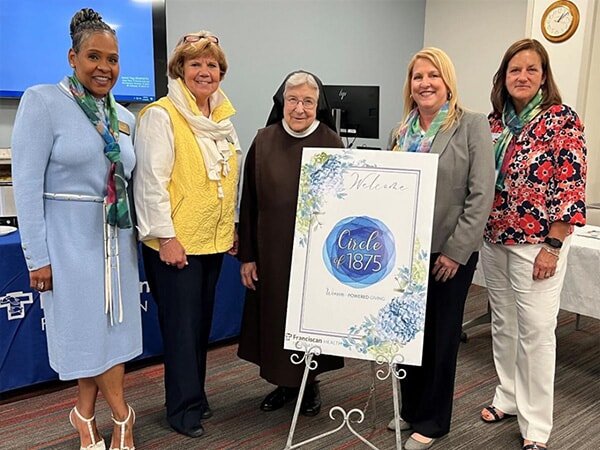 The Franciscan Health Foundation of South Suburban Chicago's new Circle of 1875 recently donated $10,000 for a new pediatric therapy sensory room. Pictured, l-r, are Franciscan Health Foundation Board Member Chanda Phillip, Board Chairwoman Pam Meyer, Chairwoman and President Sister Jane Marie Klein, Executive Director Laurie Crosby and Board Member Fran Charlotte Kelly